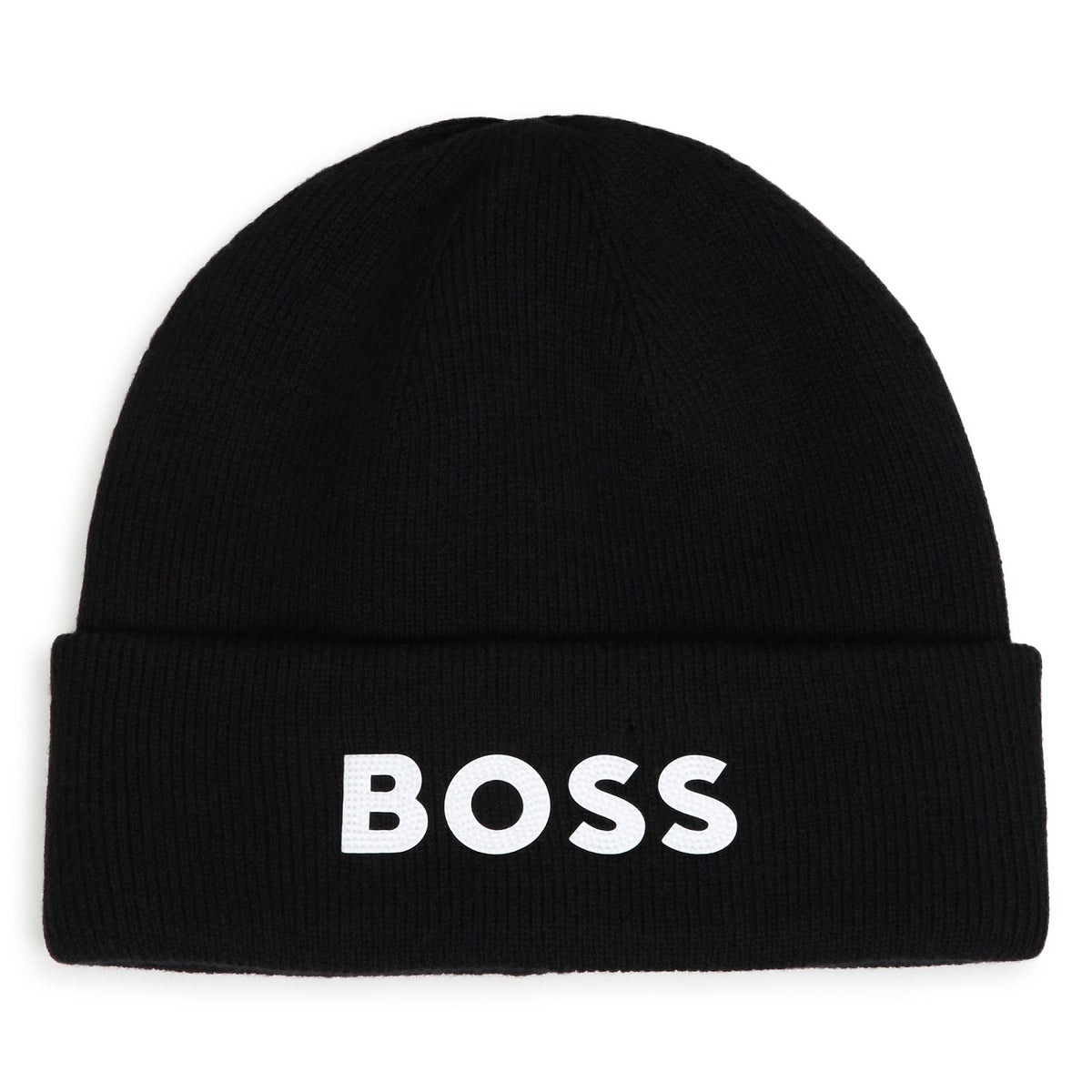 BOSS Kids Knit beanie in double layer. Branded spike print. Black