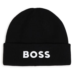 BOSS Kids Knit beanie in double layer. Branded spike print. Black