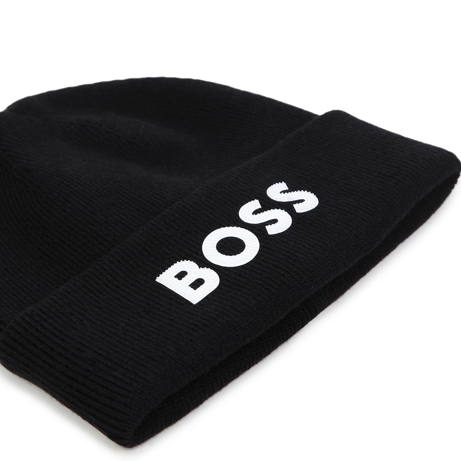 BOSS Kids Knit beanie in double layer. Branded spike print. Black