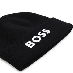 BOSS Kids Knit beanie in double layer. Branded spike print. Black