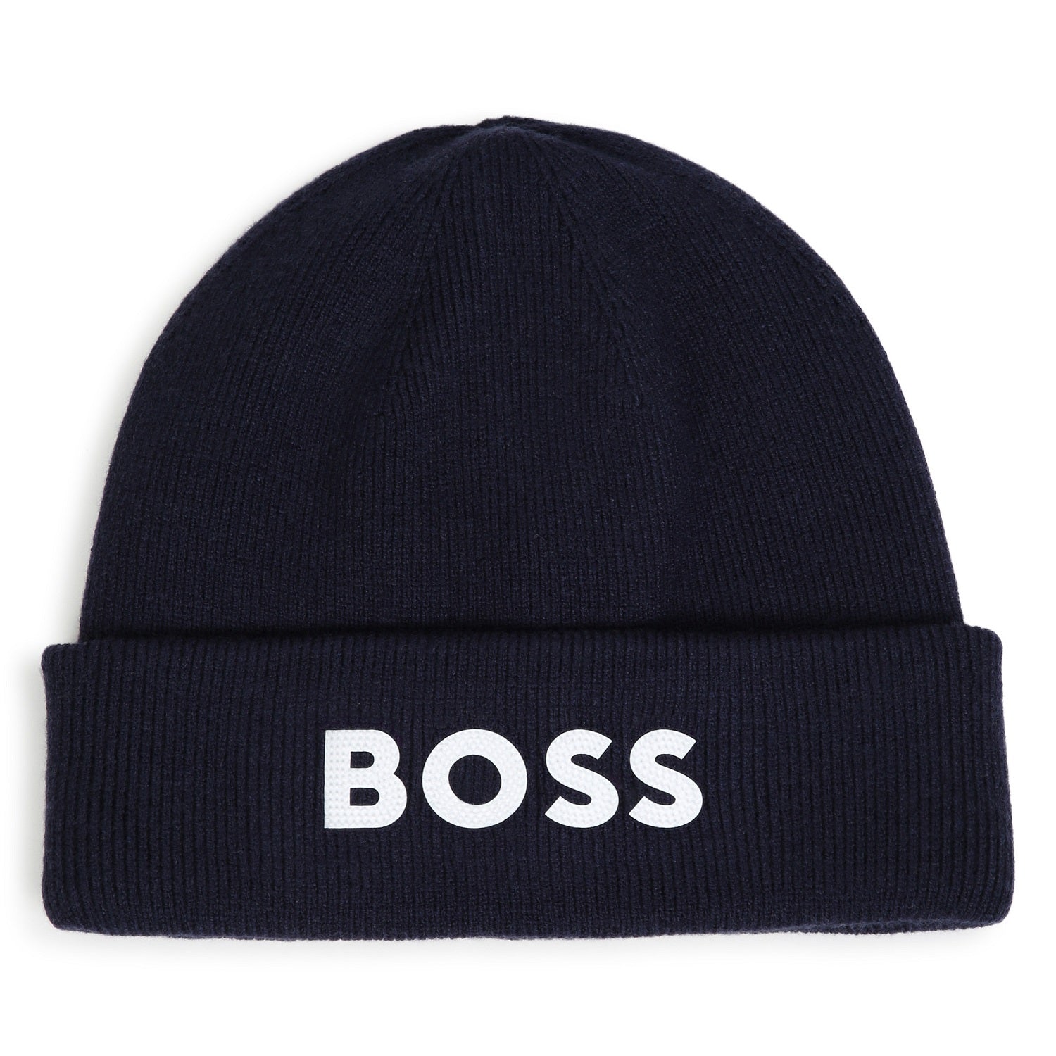 BOSS Kids Knit beanie in double layer. Branded spike print. Navy