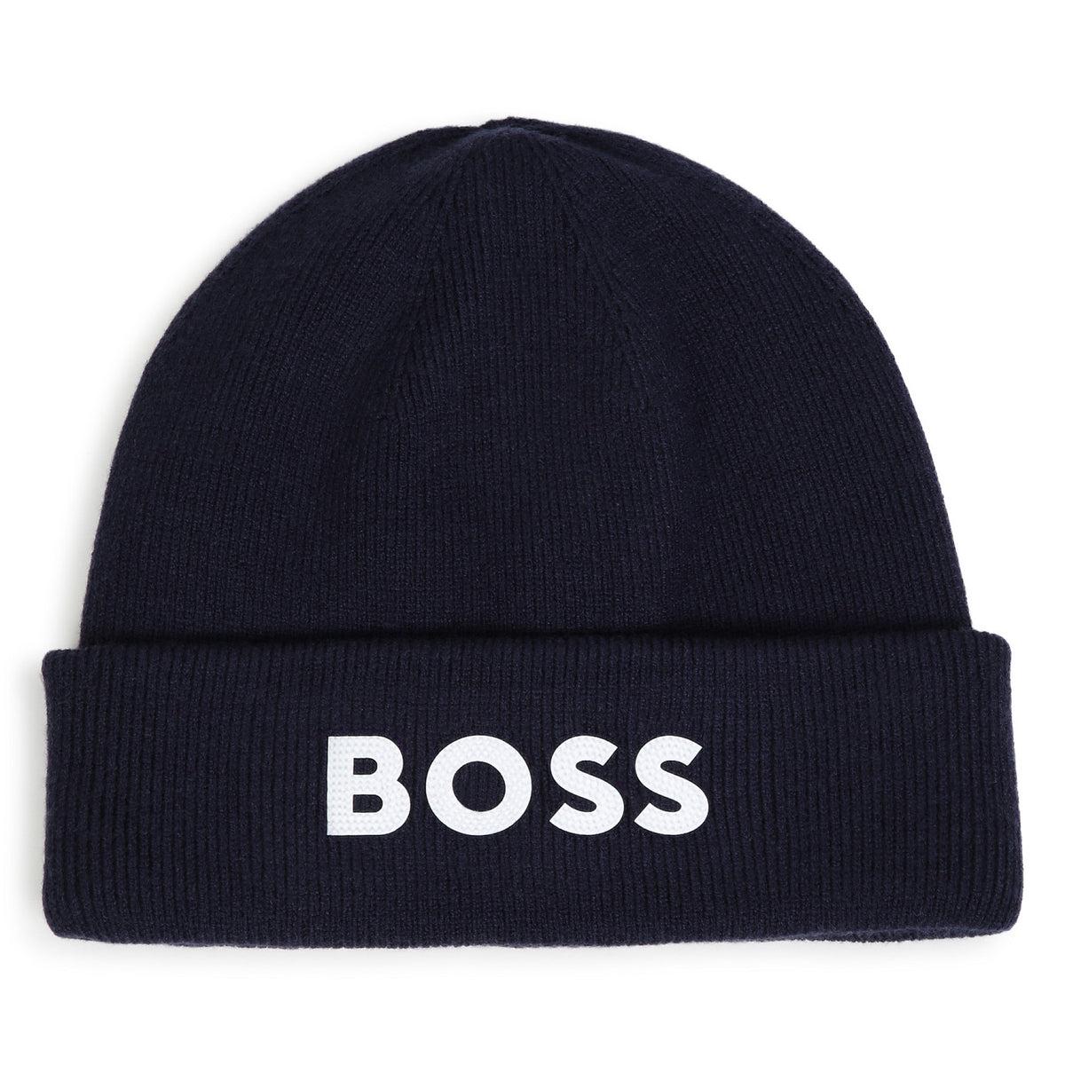 BOSS Kids Knit beanie in double layer. Branded spike print. Navy