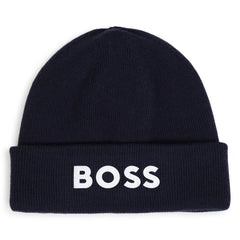 BOSS Kids Knit beanie in double layer. Branded spike print. Navy