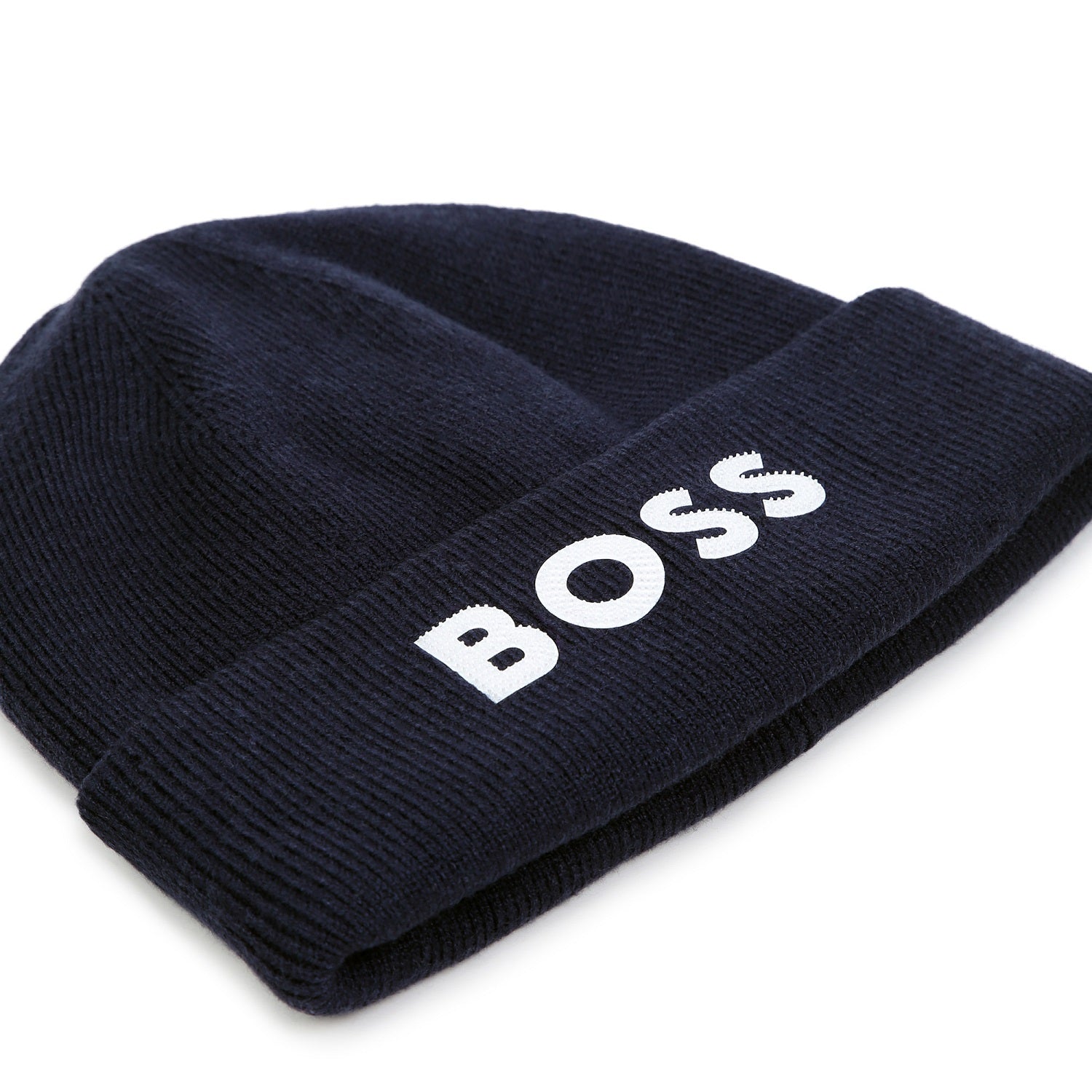 BOSS Kids Knit beanie in double layer. Branded spike print. Navy