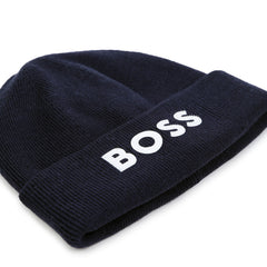 BOSS Kids Knit beanie in double layer. Branded spike print. Navy