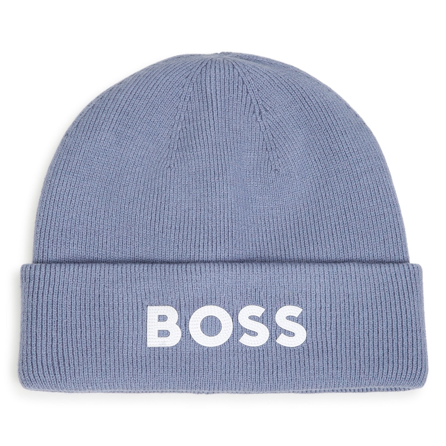 BOSS Kids Knit beanie in double layer. Branded spike print. Lavender Blue