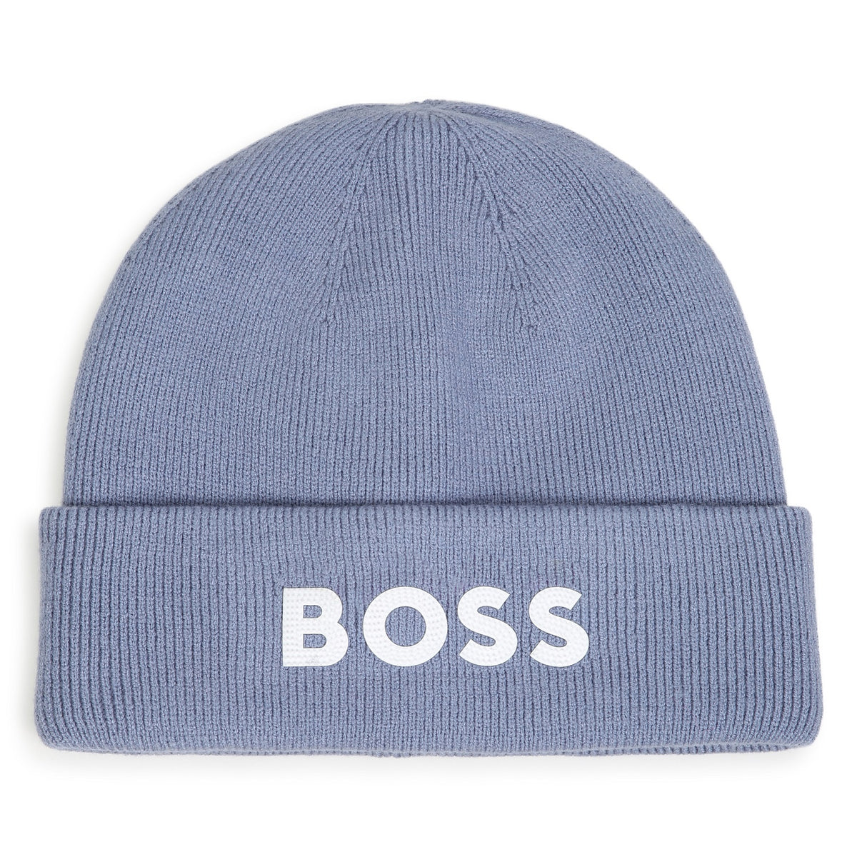 BOSS Kids Knit beanie in double layer. Branded spike print. Lavender Blue