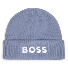 BOSS Kids Knit beanie in double layer. Branded spike print. Lavender Blue