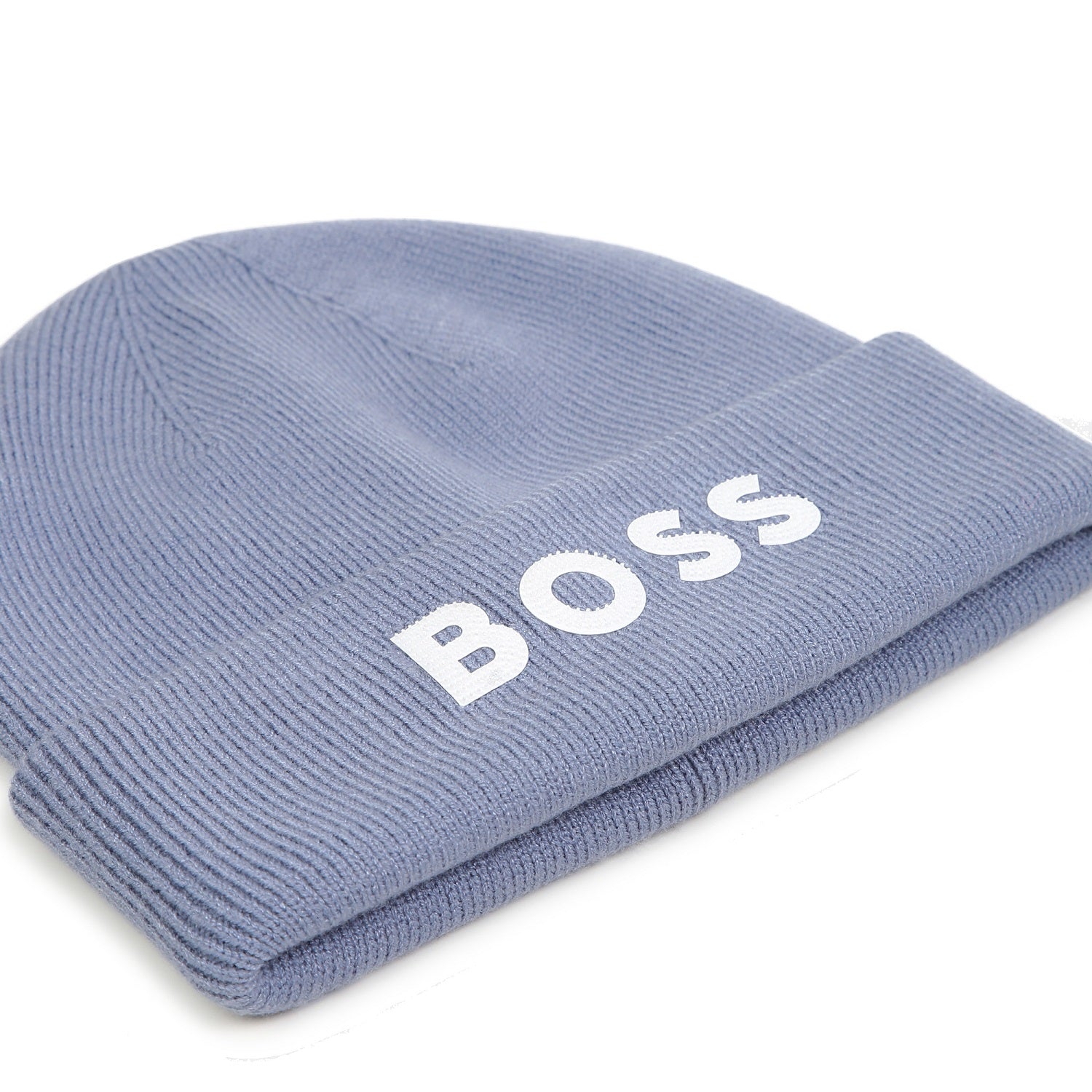 BOSS Kids Knit beanie in double layer. Branded spike print. Lavender Blue