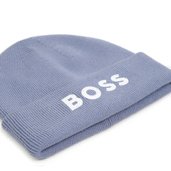 BOSS Kids Knit beanie in double layer. Branded spike print. Lavender Blue