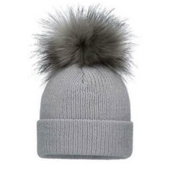 Gray knit beanie with a large fur pom-pom.