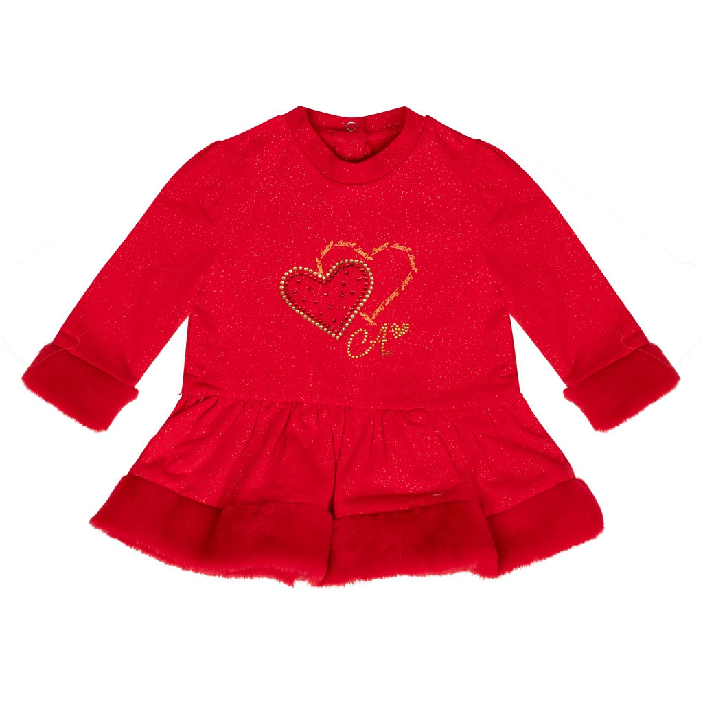 LITTLE A Festive Hearts red sparkly sweat frill long sleeve dress with faux fur trim at bottom and cuffs featuring logo diamante heart artowrk on front