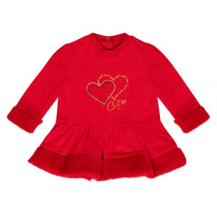 LITTLE A Festive Hearts red sparkly sweat frill long sleeve dress with faux fur trim at bottom and cuffs featuring logo diamante heart artowrk on front