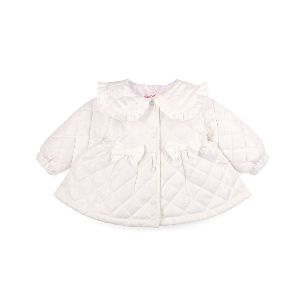 LITTLE A Cutie Frutti. The Penelope quilted jacket featurestwo beautiful applique bows, a pretty frilled collar and button up style.