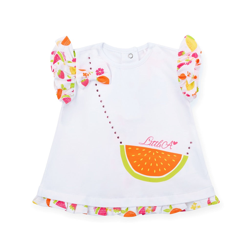 LITTLE A Cutie Frutti. The Palmer Legging Set is perfect for sunny days. The top features a stylish handbag design with sparkling diamante details and a beautiful fruit print on the frill sleeves and back insert