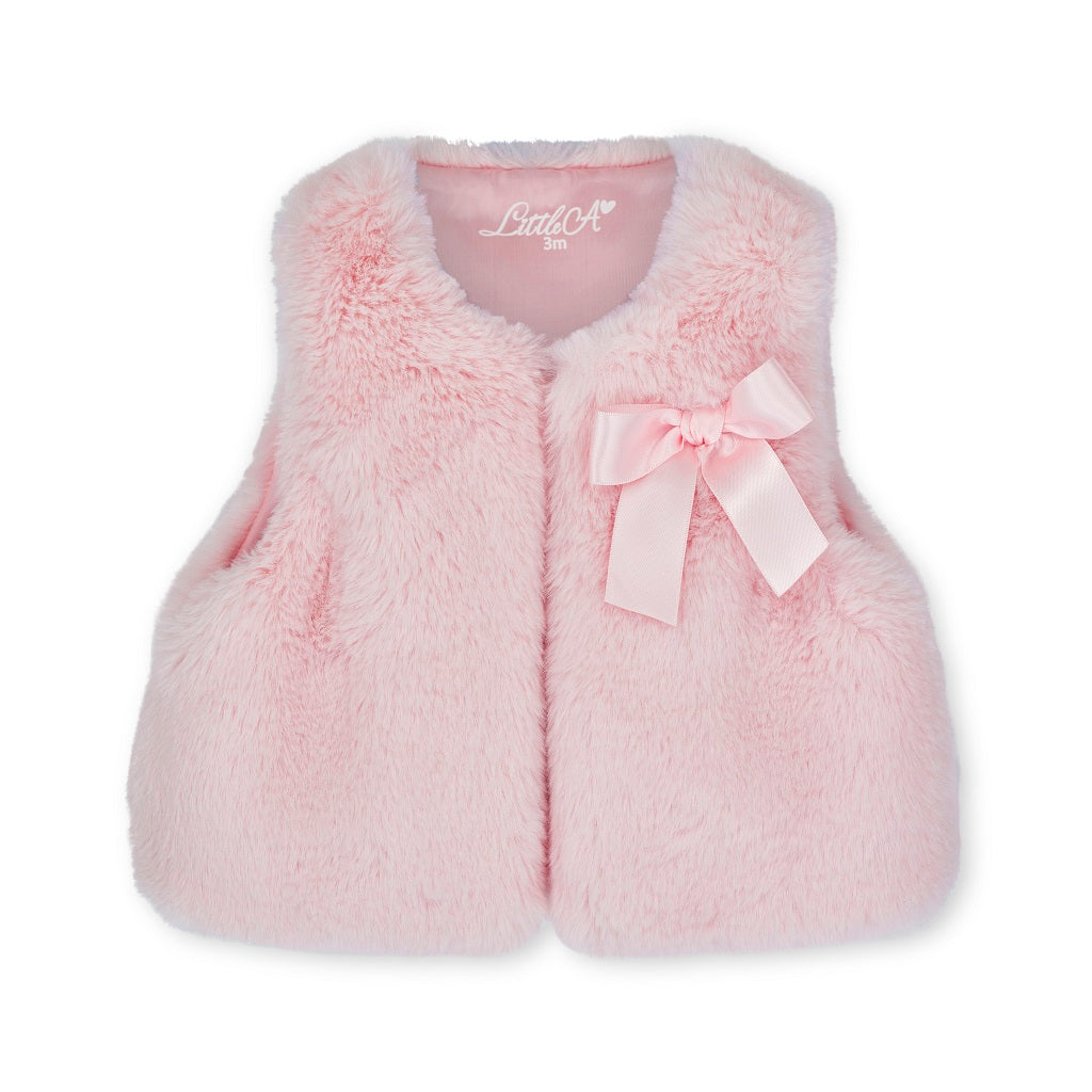 LITTLE A by ADee Little Bloom theme. The Dani gilet features ultra-soft faux fur, a cosy sleeveless design, and a sweet bow detail at the front. Pale Pink