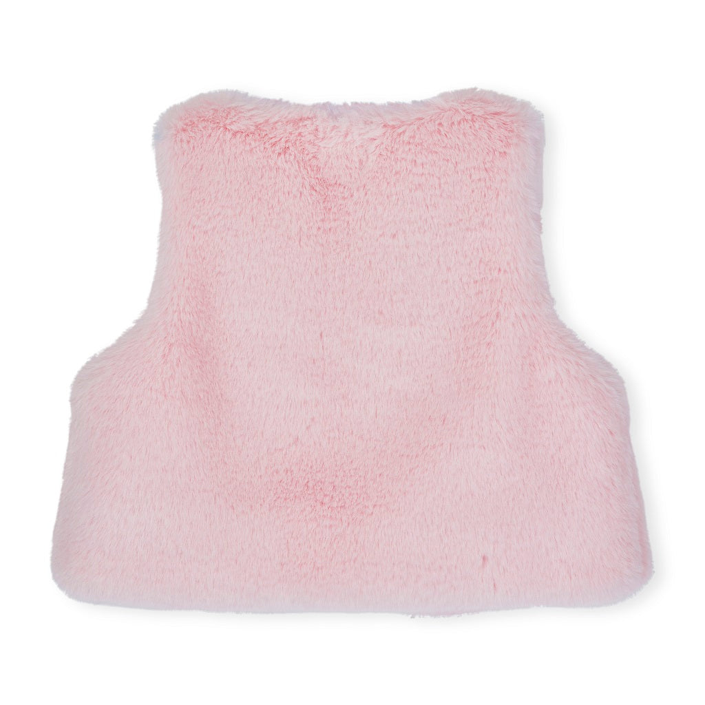 LITTLE A by ADee Little Bloom theme. The Dani gilet features ultra-soft faux fur, a cosy sleeveless design, and a sweet bow detail at the front. Pale Pink