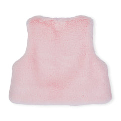 LITTLE A by ADee Little Bloom theme. The Dani gilet features ultra-soft faux fur, a cosy sleeveless design, and a sweet bow detail at the front. Pale Pink