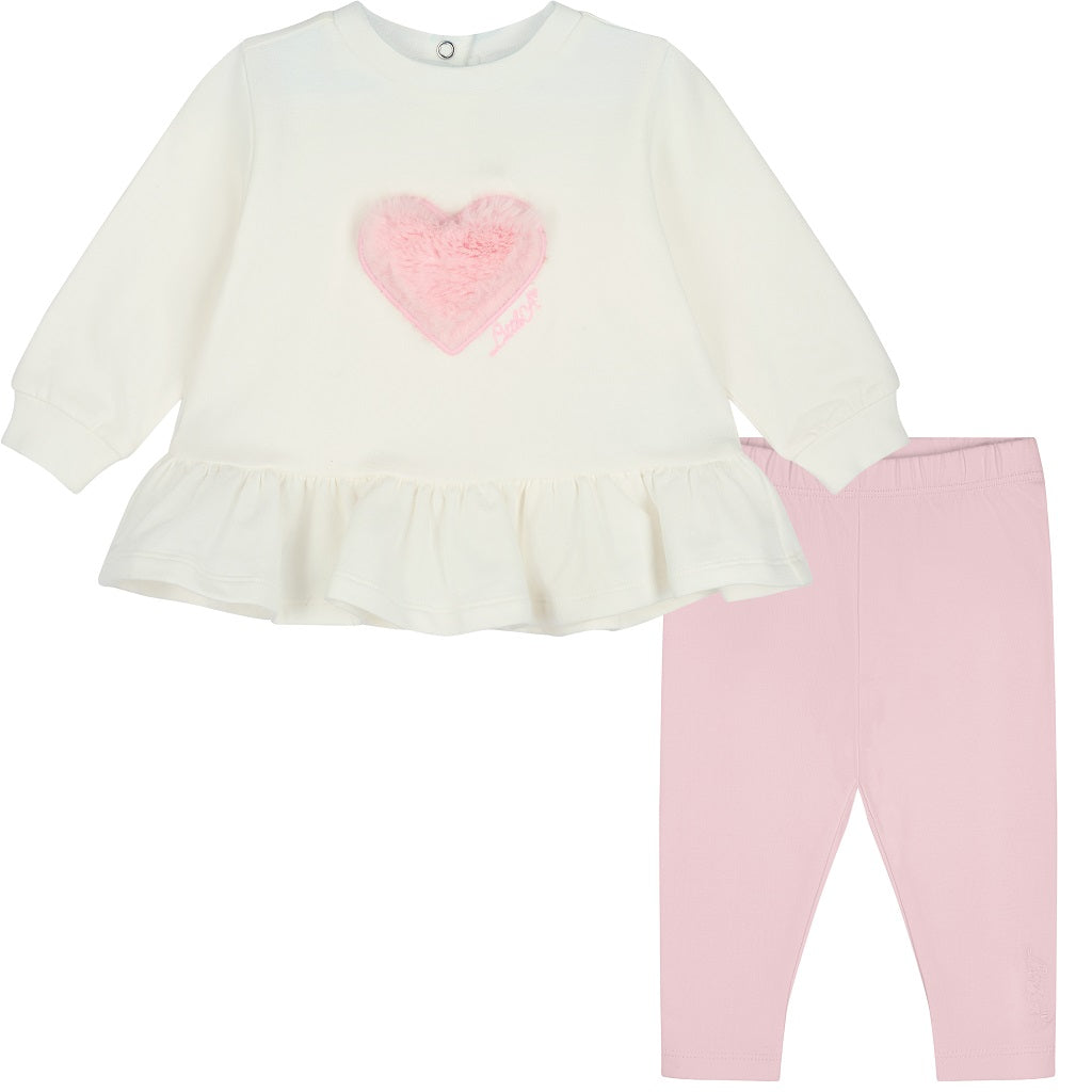 LITTLE A by ADee Little Bloom theme. The Demi legging set features a long sleeve jumper top with a sweet heart detail and peplum frill hem, paired with soft leggings finished with a subtle motif