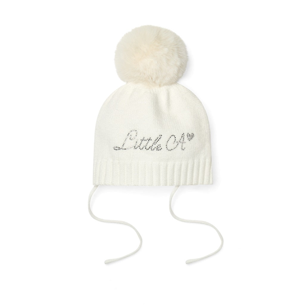 Little A by ADee Little Bloom Collection. The Diamond hat features a knitted design with a soft ribbed finish and a fluffy pom pom on top. Finished with tie fastenings for a snug and secure fit. Snow White