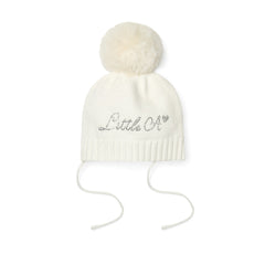 Little A by ADee Little Bloom Collection. The Diamond hat features a knitted design with a soft ribbed finish and a fluffy pom pom on top. Finished with tie fastenings for a snug and secure fit. Snow White