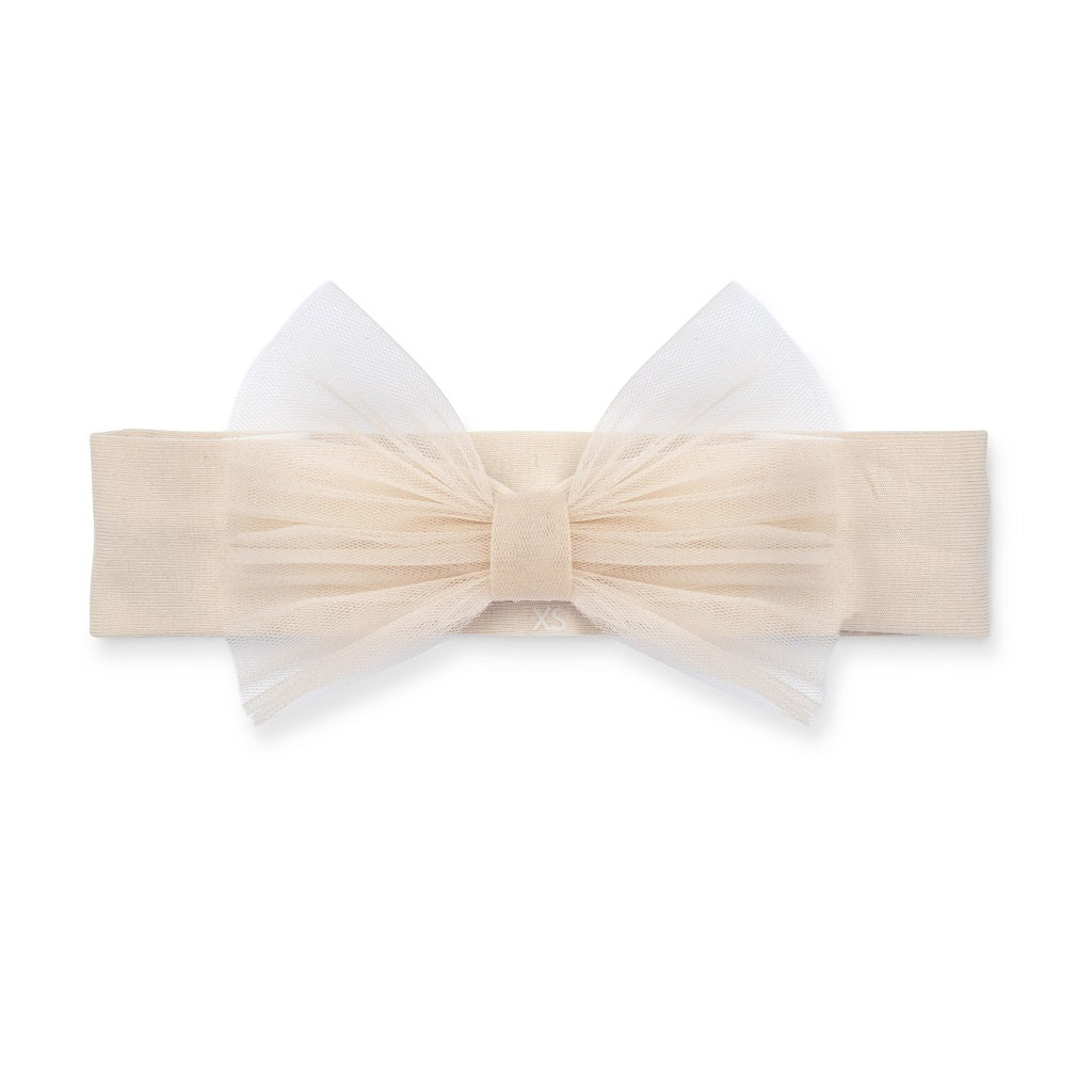 Little A by ADee Little Locket theme. The Elena headband features a soft stretch band with a delicate tulle bow. A sweet finishing touch for any little outfit. Stone Beige
