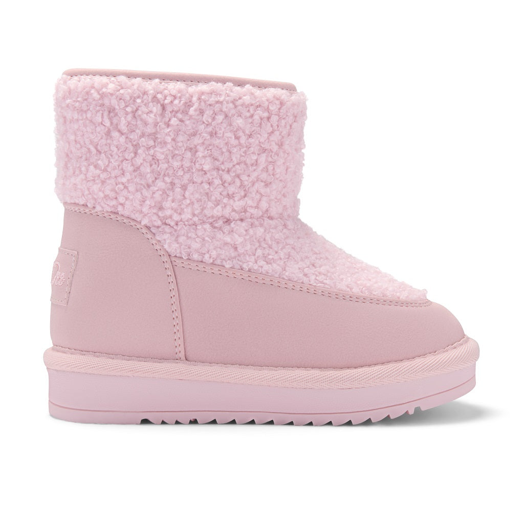LITTLE A Introducing the Teddie boot in soft faux suede with a plush lining, chunky sole, and easy pull-on tab. Pale Pink.