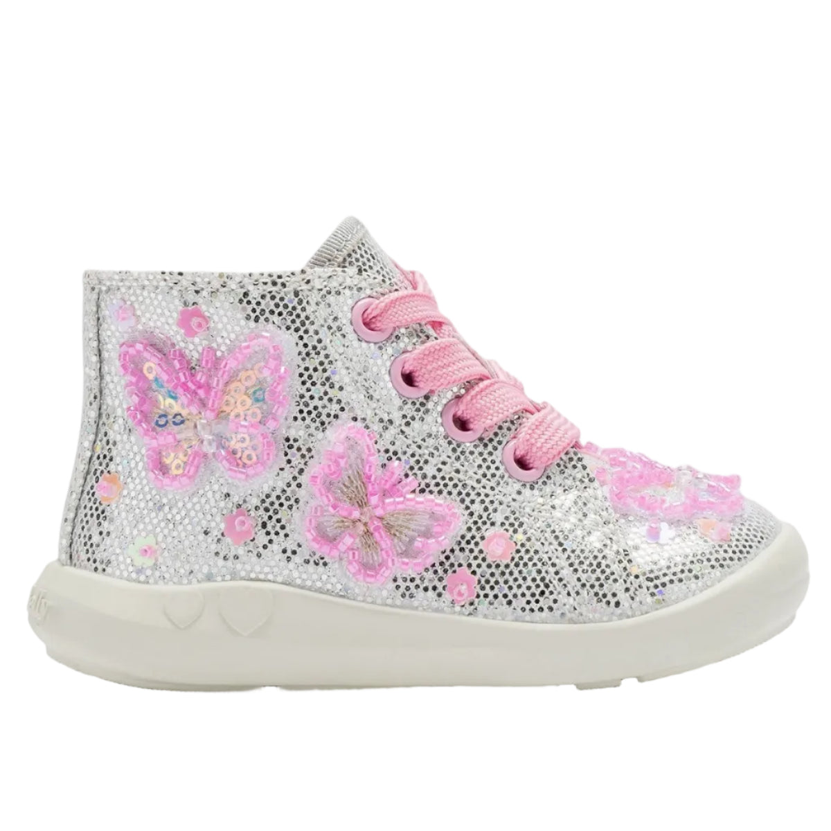 LELLI KELLY Sylvie Hi Top Boots bring enchanting style to little feet. These silver glitter boots feature a striking butterfly design with beaded floral accents across the front and sides, creating a magical sparkle with every step.