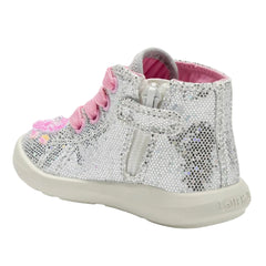 LELLI KELLY Sylvie Hi Top Boots bring enchanting style to little feet. These silver glitter boots feature a striking butterfly design with beaded floral accents across the front and sides, creating a magical sparkle with every step.