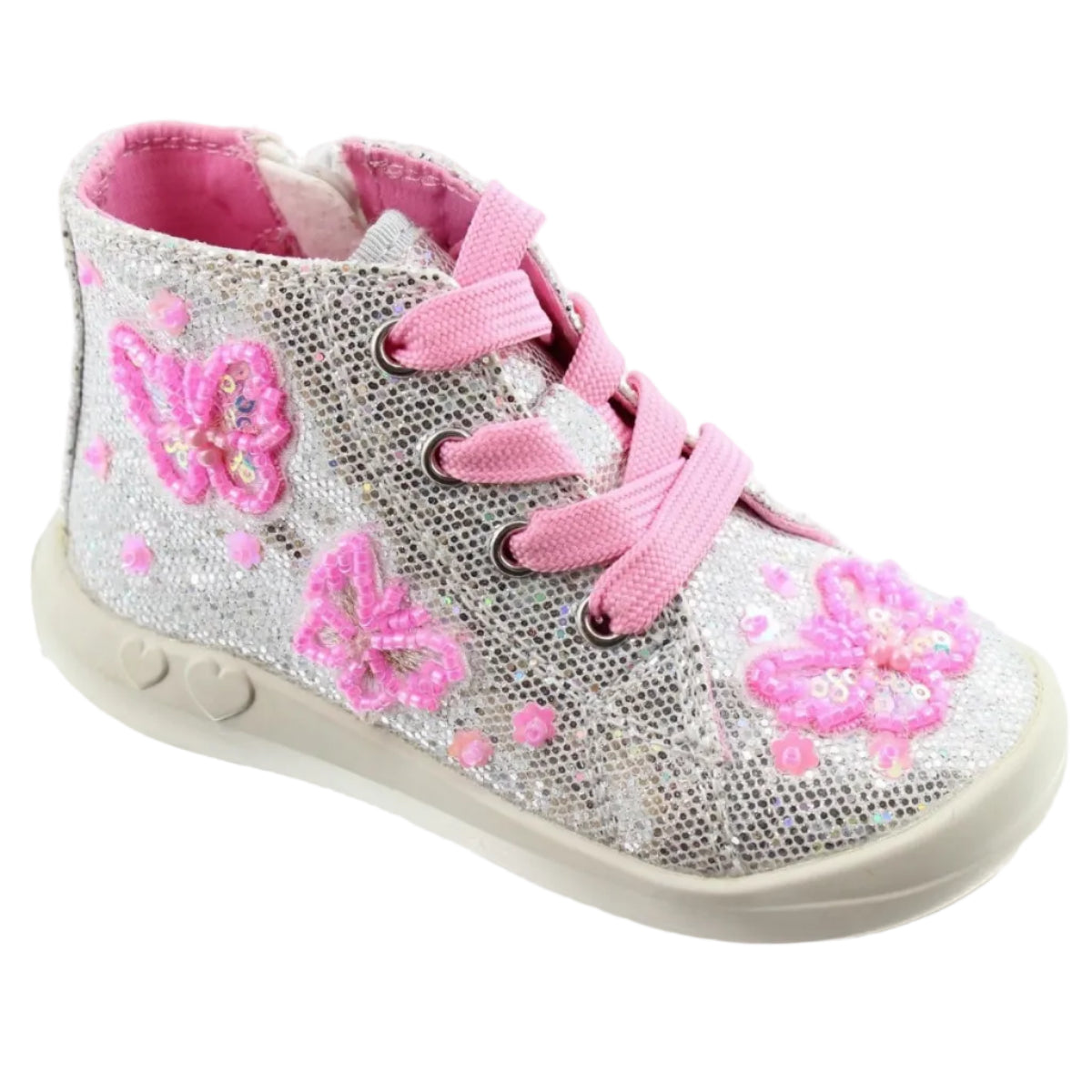 LELLI KELLY Sylvie Hi Top Boots bring enchanting style to little feet. These silver glitter boots feature a striking butterfly design with beaded floral accents across the front and sides, creating a magical sparkle with every step.