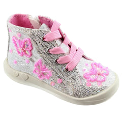 LELLI KELLY Sylvie Hi Top Boots bring enchanting style to little feet. These silver glitter boots feature a striking butterfly design with beaded floral accents across the front and sides, creating a magical sparkle with every step.