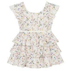LELLI KELLY Aria Printed Ruffle Dress—a delightful blend of floral prints and elegant ruffles that captures attention and turns heads wherever she goes. Logo on waistband.