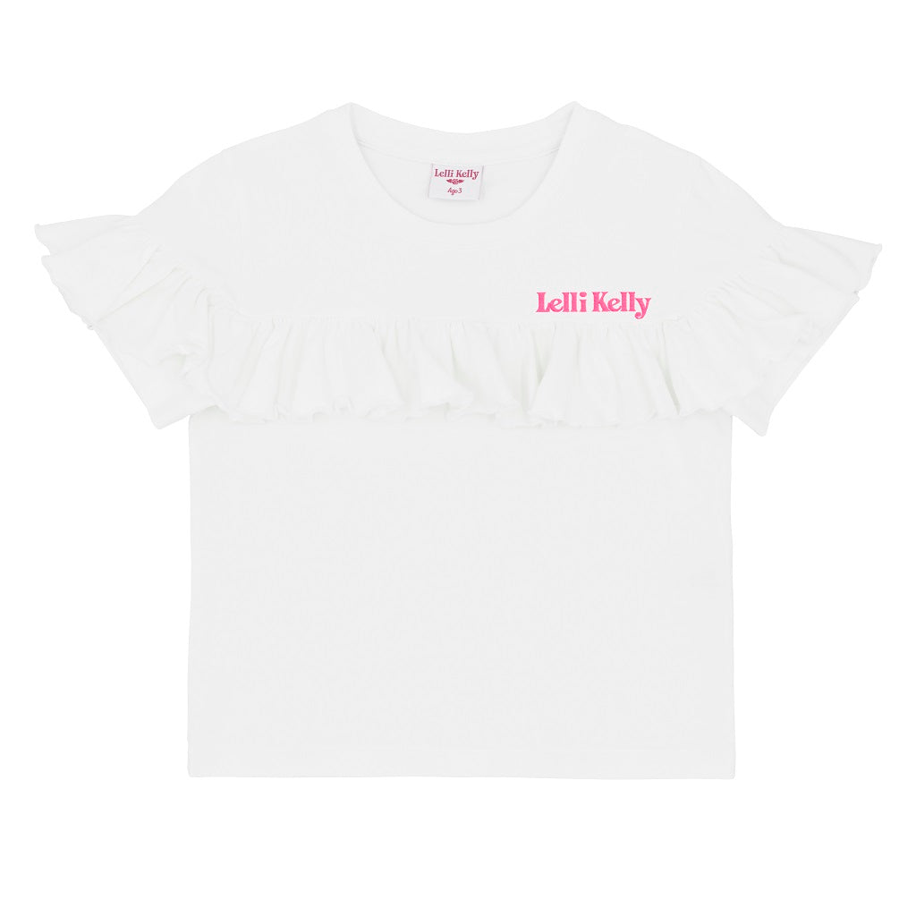 A stylish white ruffle t-shirt from LELLI KELLY with signature branding. Perfect for adding a feminine touch to any outfit.