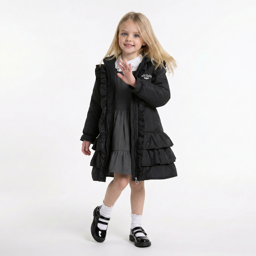 LELLI KELLY Bella Hooded Frill Coat in classic black, featuring a charming heart charm zip and signature LELLI KELLY logo on the front.