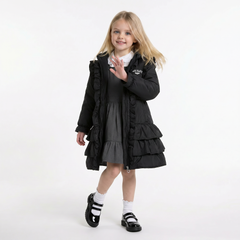 LELLI KELLY Bella Hooded Frill Coat in classic black, featuring a charming heart charm zip and signature LELLI KELLY logo on the front.