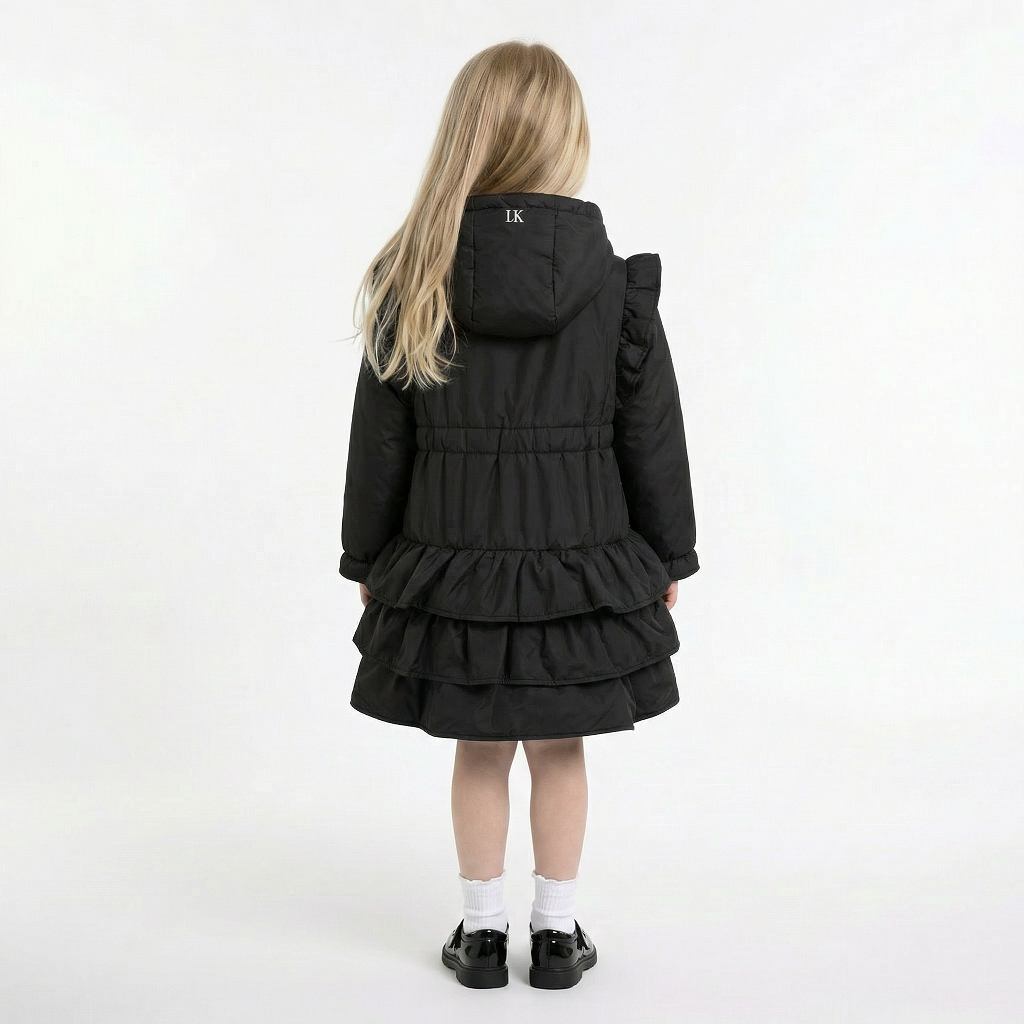 LELLI KELLY Bella Hooded Frill Coat in classic black, featuring a charming heart charm zip and signature LELLI KELLY logo on the front.