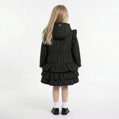 LELLI KELLY Bella Hooded Frill Coat in classic black, featuring a charming heart charm zip and signature LELLI KELLY logo on the front.