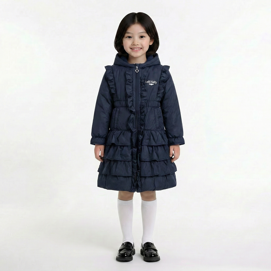 LELLI KELLY Bella Navy Hooded Frill Coat in, featuring a charming heart charm zip and signature LELLI KELLY logo on the front