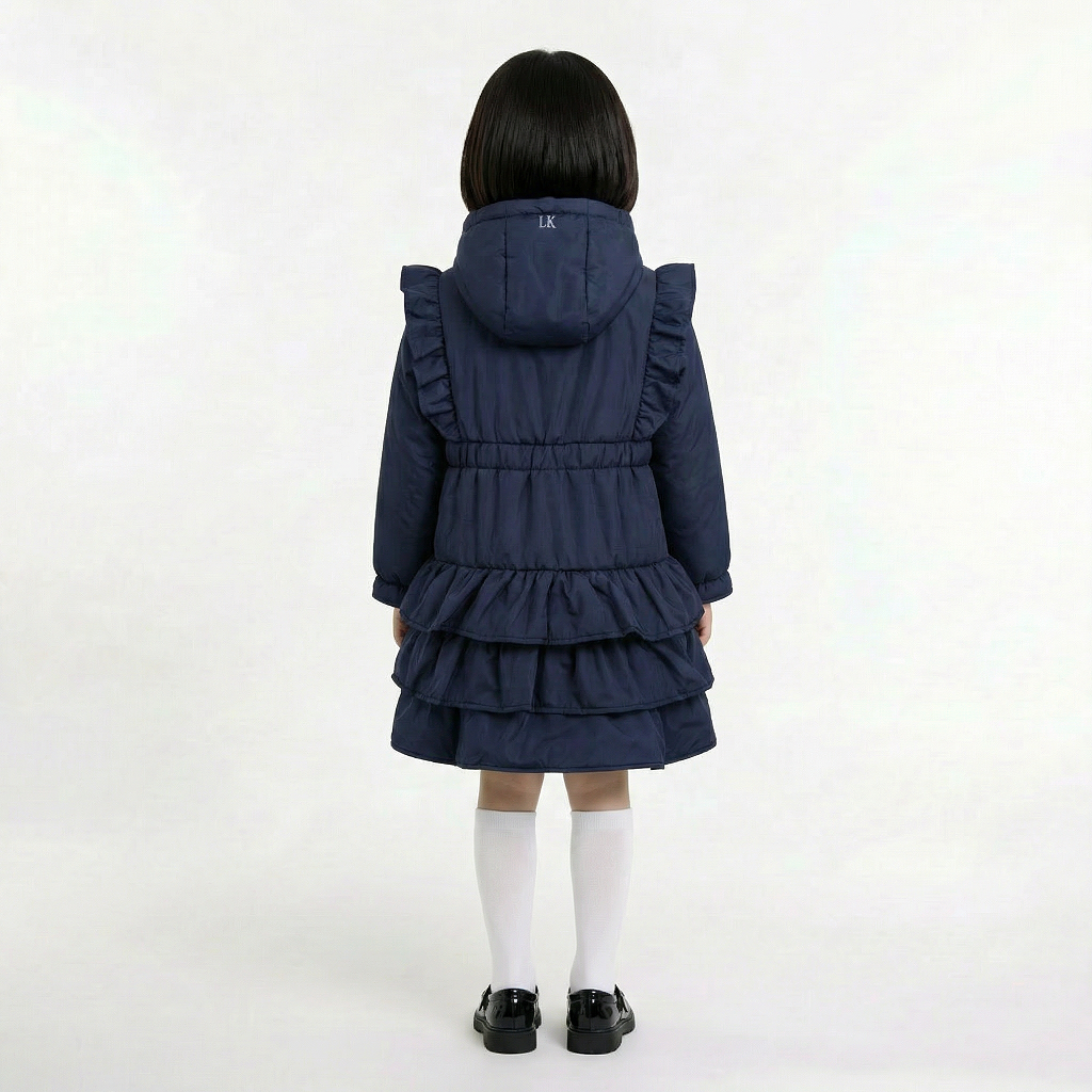 LELLI KELLY Bella Navy Hooded Frill Coat in, featuring a charming heart charm zip and signature LELLI KELLY logo on the front
