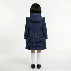 LELLI KELLY Bella Navy Hooded Frill Coat in, featuring a charming heart charm zip and signature LELLI KELLY logo on the front
