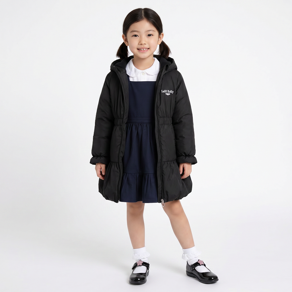 LELLI KELLY Betsy. A charming black hooded coat featuring a decorative bow detail on back, heart charm zip and signature LELLI KELLY branding