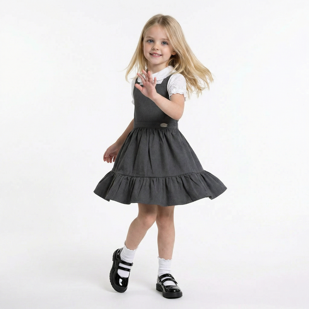 LELLI KELLY Becky Grey School Pinafore featuring a charming bow detail on the back and charm with LELLI KELLY logo on the front