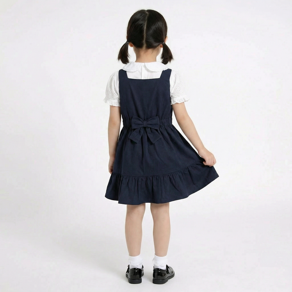 LELLI KELLY Becky Navy School Pinafore featuring a charming bow detail on the back and charm with LELLI KELLY logo on the front