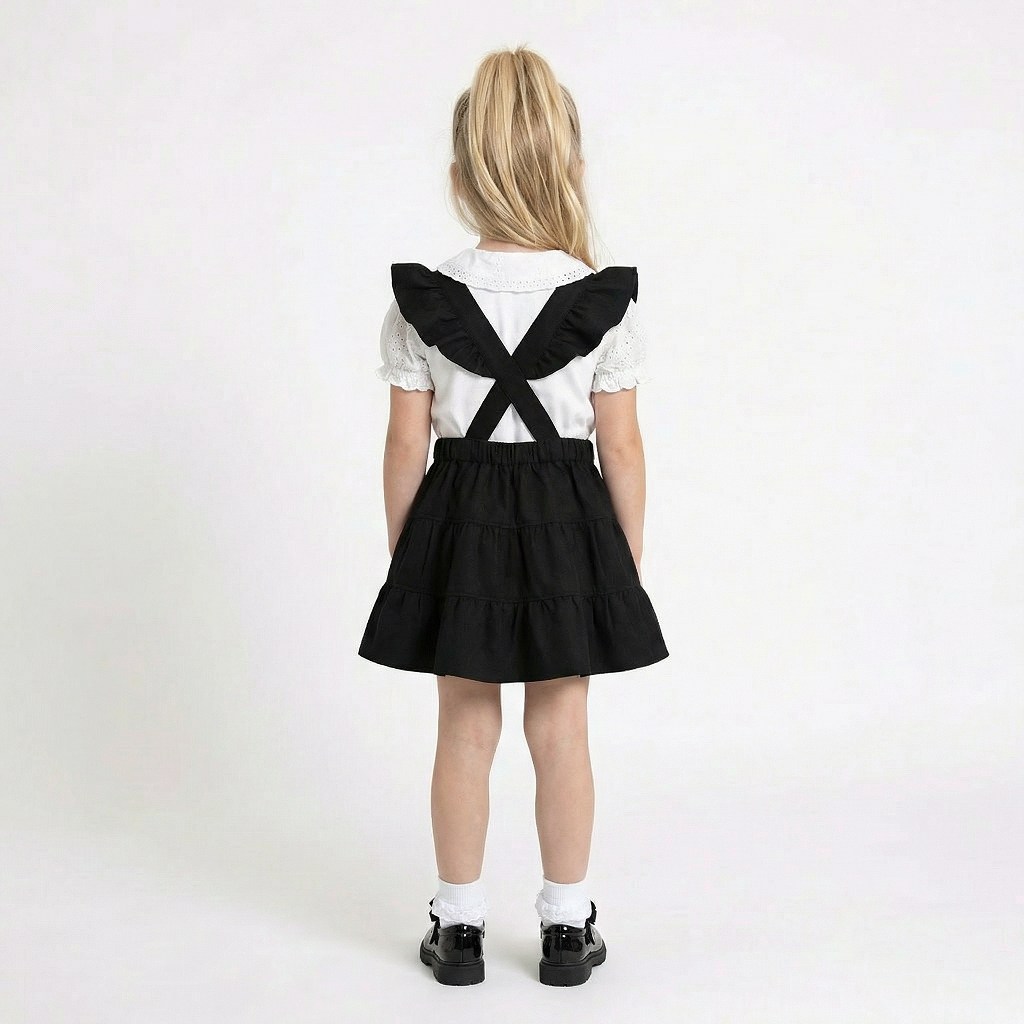 LELLI KELLY Bryony Black Frill Pinafore featuring cross over strap detail on the back and charm with LELLI KELLY logo on the front