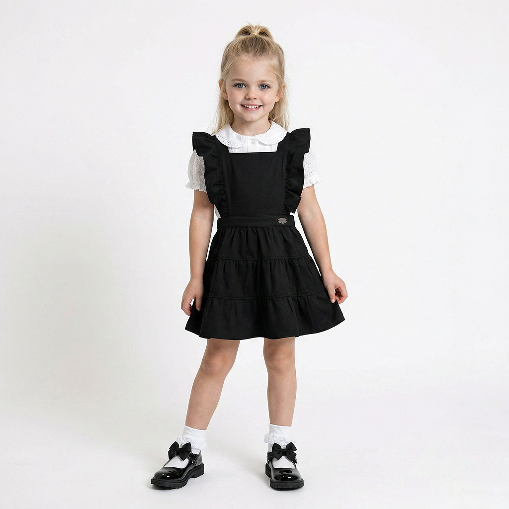 LELLI KELLY Bryony Black Frill Pinafore featuring cross over strap detail on the back and charm with LELLI KELLY logo on the front