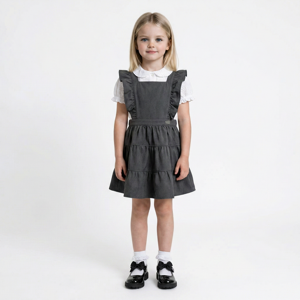 LELLI KELLY Bryony Grey Frill Pinafore featuring cross over strap detail on the back and charm with LELLI KELLY logo on the front