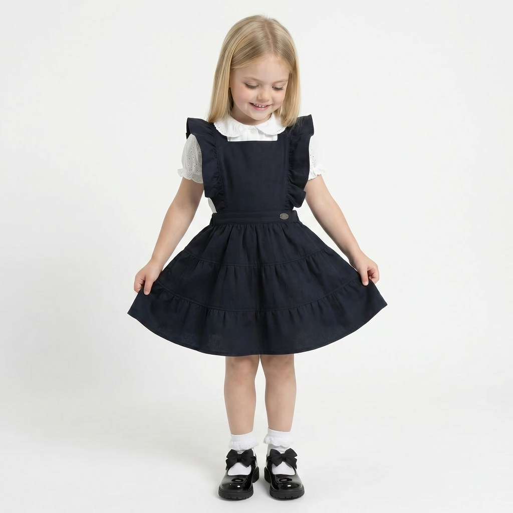 LELLI KELLY Bryony Navy Frill Pinafore featuring cross over strap detail on the back and charm with LELLI KELLY logo on the front