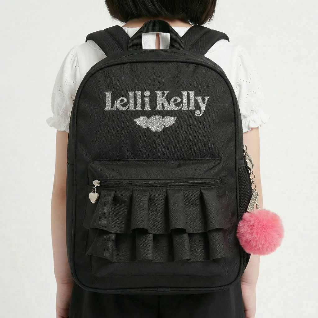Black backpack with ruffled design and pink pom-pom, featuring 'LELLI KELLY' branding.