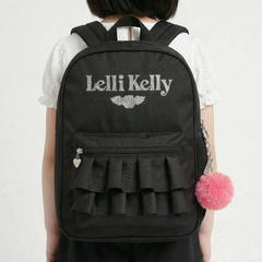 Black backpack with ruffled design and pink pom-pom, featuring 'LELLI KELLY' branding.