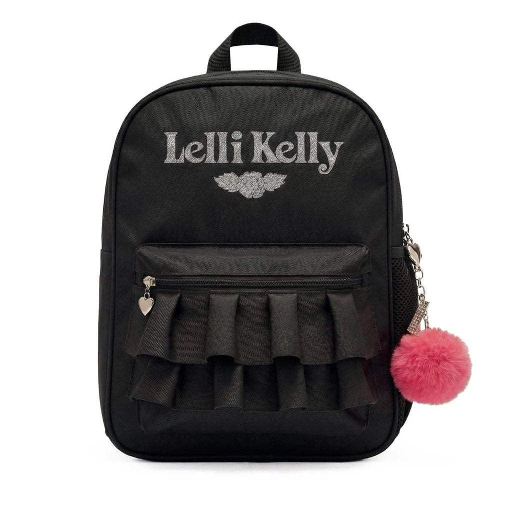 Black backpack with ruffled design and pink pom-pom, featuring 'LELLI KELLY' branding.